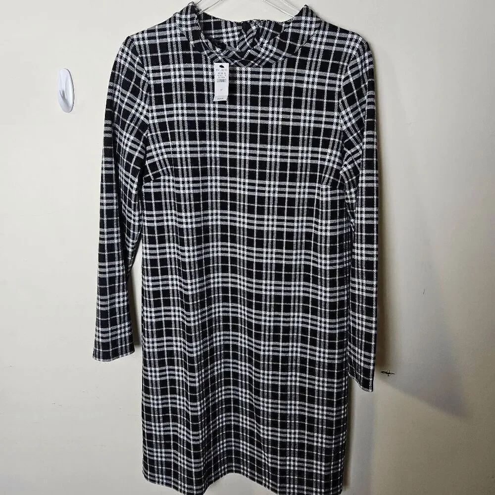 Talbots Windowpane Plaid Fleece Long Sleeve  Sheath Dress NWT Women's Black/whit